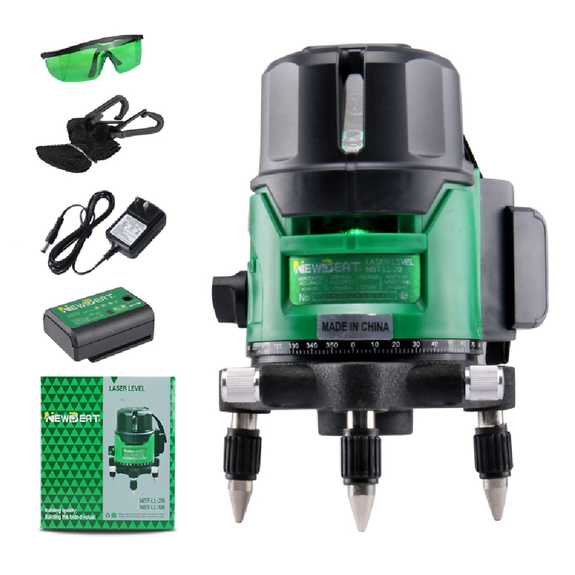 Green Laser Level Kit Self Leveling 2 Lines Cross Beam w/ Glasses Battery Case